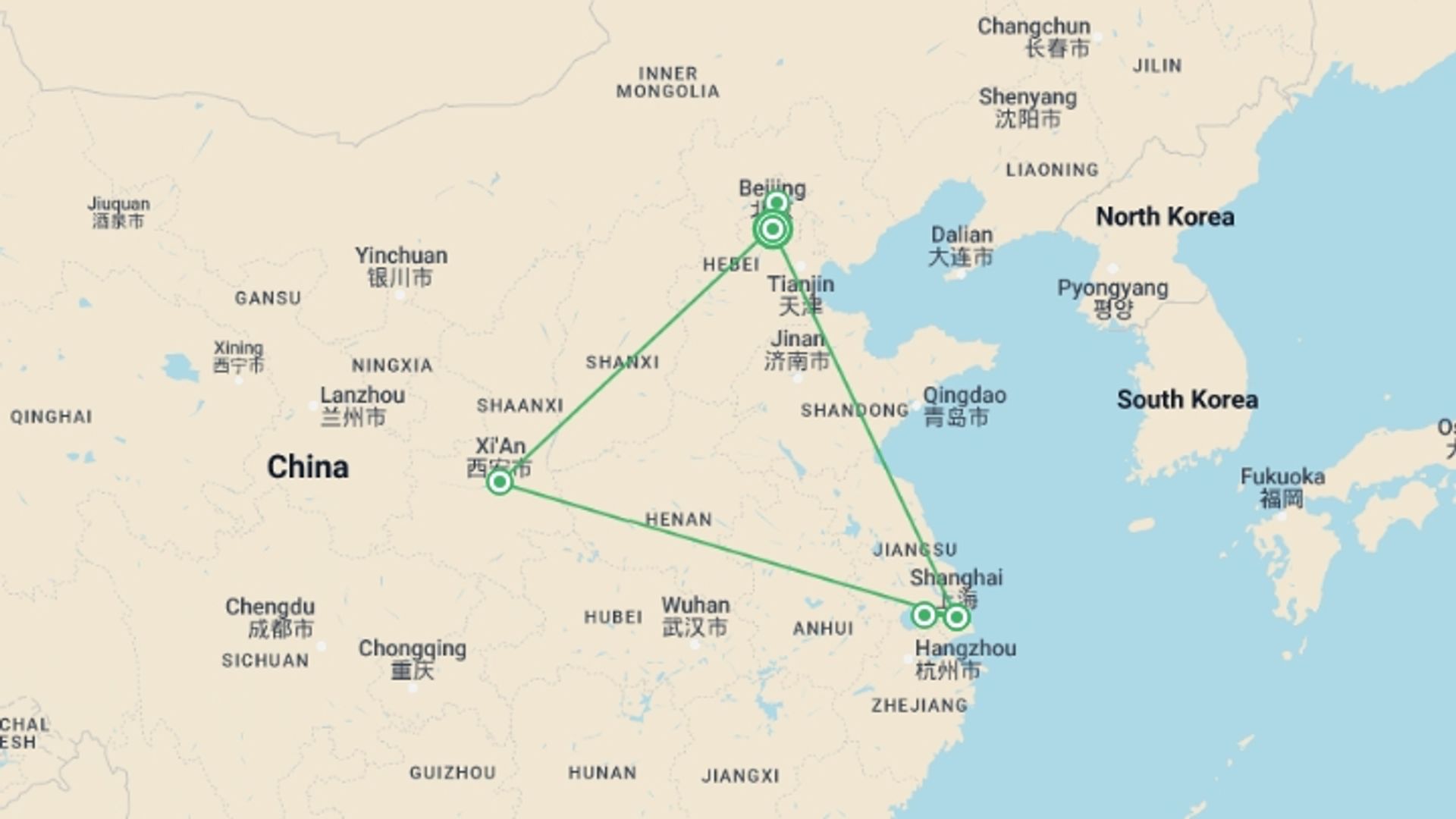 A map showing the tour itinerary for the trip: China's Present, Past And Future With Suzhou Extension, starting in Beijing, China and ending in Beijing, China going through 3 other destinations.