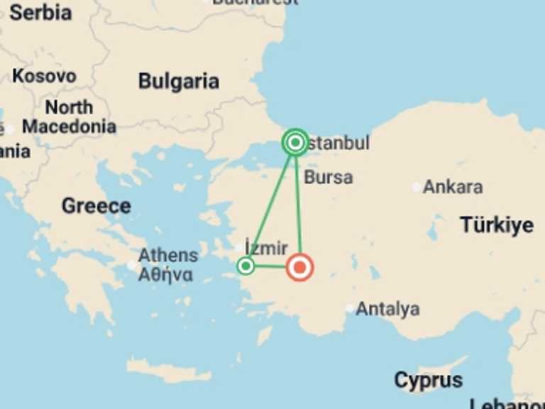 Map of Turkey Tour with 3 destination visits for the trip: Ephesus & Pamukkale 4D/3N