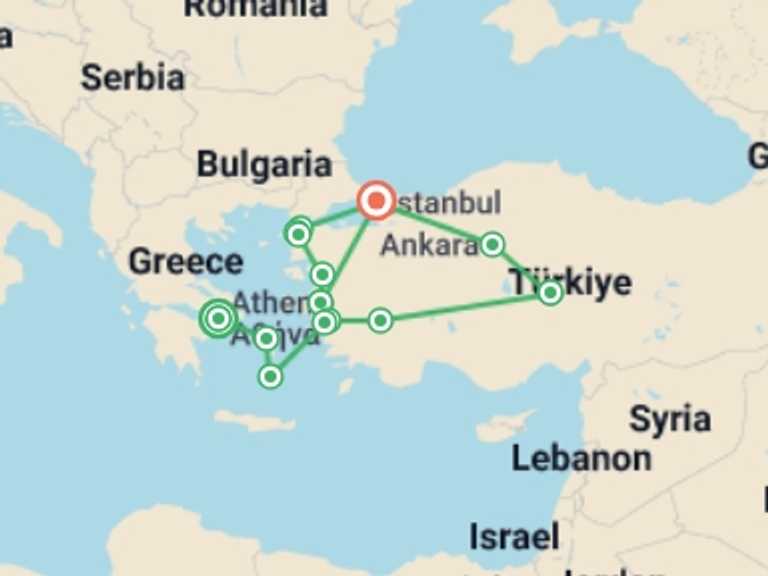 Map of Europe Tour with 9 destination visits for the trip: Athens, Greek Islands & Turkey - 14 days