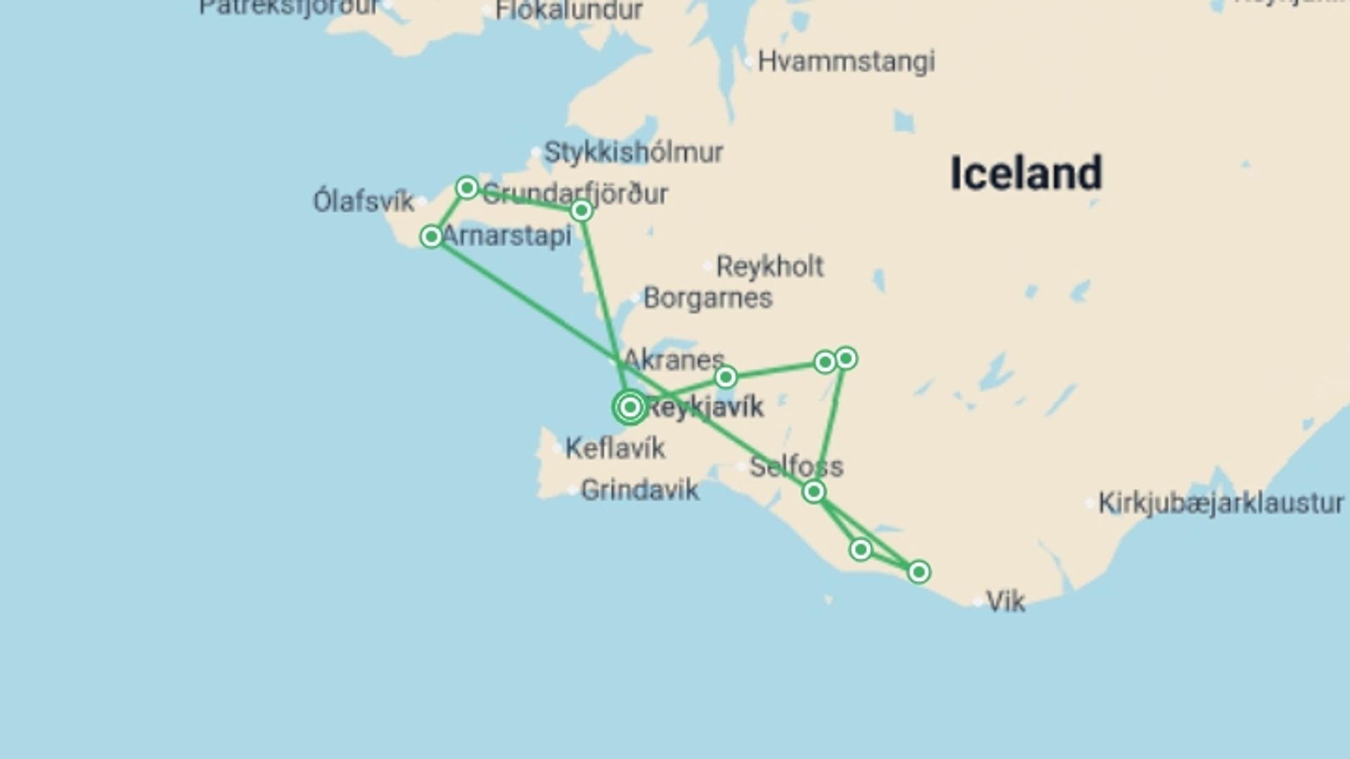 A map showing the tour itinerary for the trip: Totally Iceland, Total Eclipse 2026 - 6 days, starting in Reykjavik, Iceland and ending in Reykjavik, Iceland going through 2 other destinations.