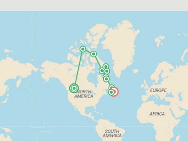 Map itinerary of Canada Tour in Fall with 11 destination visits for the trip: Northwest Passage to Newfoundland: Glaciers, Mountains and Wildlife