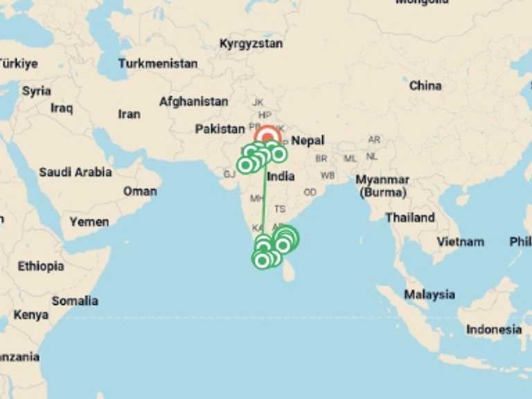 Map itinerary of Asia Tour in November 2026 with 20 destination visits for the trip: India South & North