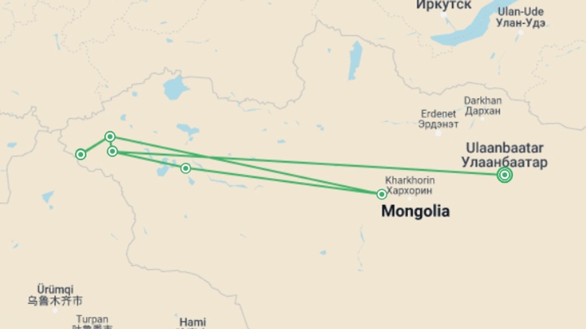 A map showing the tour itinerary for the trip: Wild Mongolia and Golden Eagle Festival, starting in Ulaanbaatar, Mongolia and ending in Ulaanbaatar, Mongolia going through 7 other destinations.