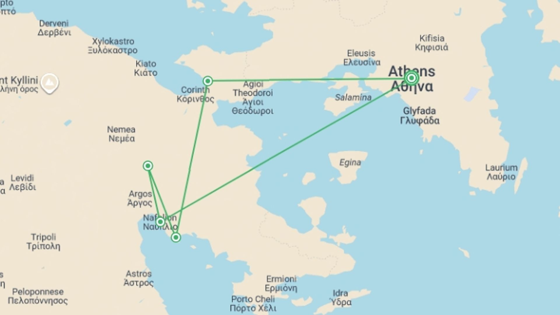 A map showing the tour itinerary for the trip: East Peloponnese E-Bike Tour, starting in Athens, Greece and ending in Athens, Greece going through 5 other destinations.