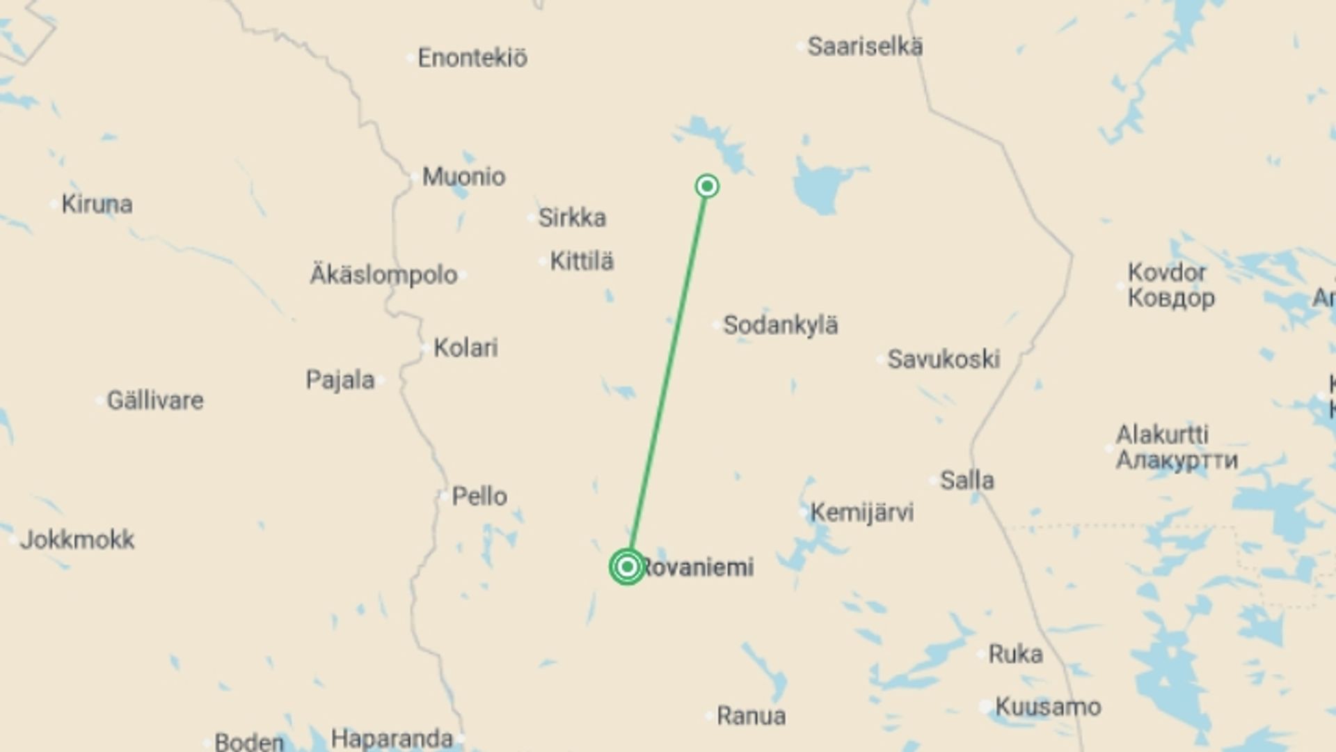 A map showing the tour itinerary for the trip: Lapland & the Arctic Circle - 5 Days, starting in Rovaniemi, Finland and ending in Rovaniemi, Finland going through 2 other destinations.
