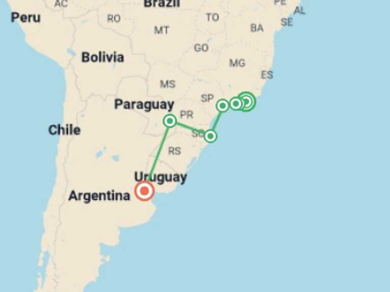 Map of Sao Paulo Tour with 8 destination visits for the trip: Rio de Janeiro to Buenos Aires (via Florianopolis & Iguazu) Travel Pass