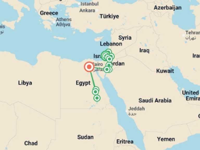 Map itinerary of Asia Tour in June 2026 with 12 destination visits for the trip: Israel, Jordan and Egypt Nile Jewels