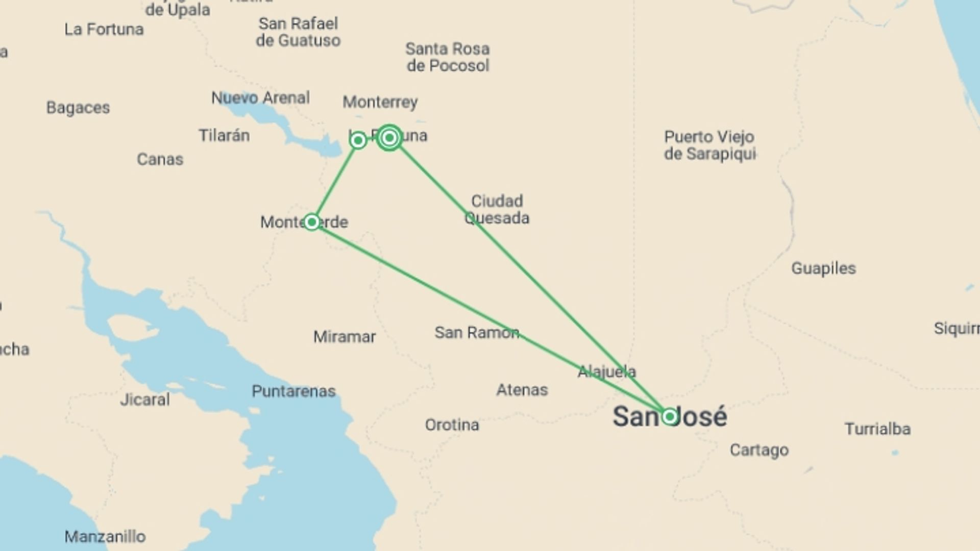 A map showing the tour itinerary for the trip: Arenal And Monteverde, Short Break, starting in La Fortuna, Costa Rica and ending in La Fortuna, Costa Rica going through 4 other destinations.