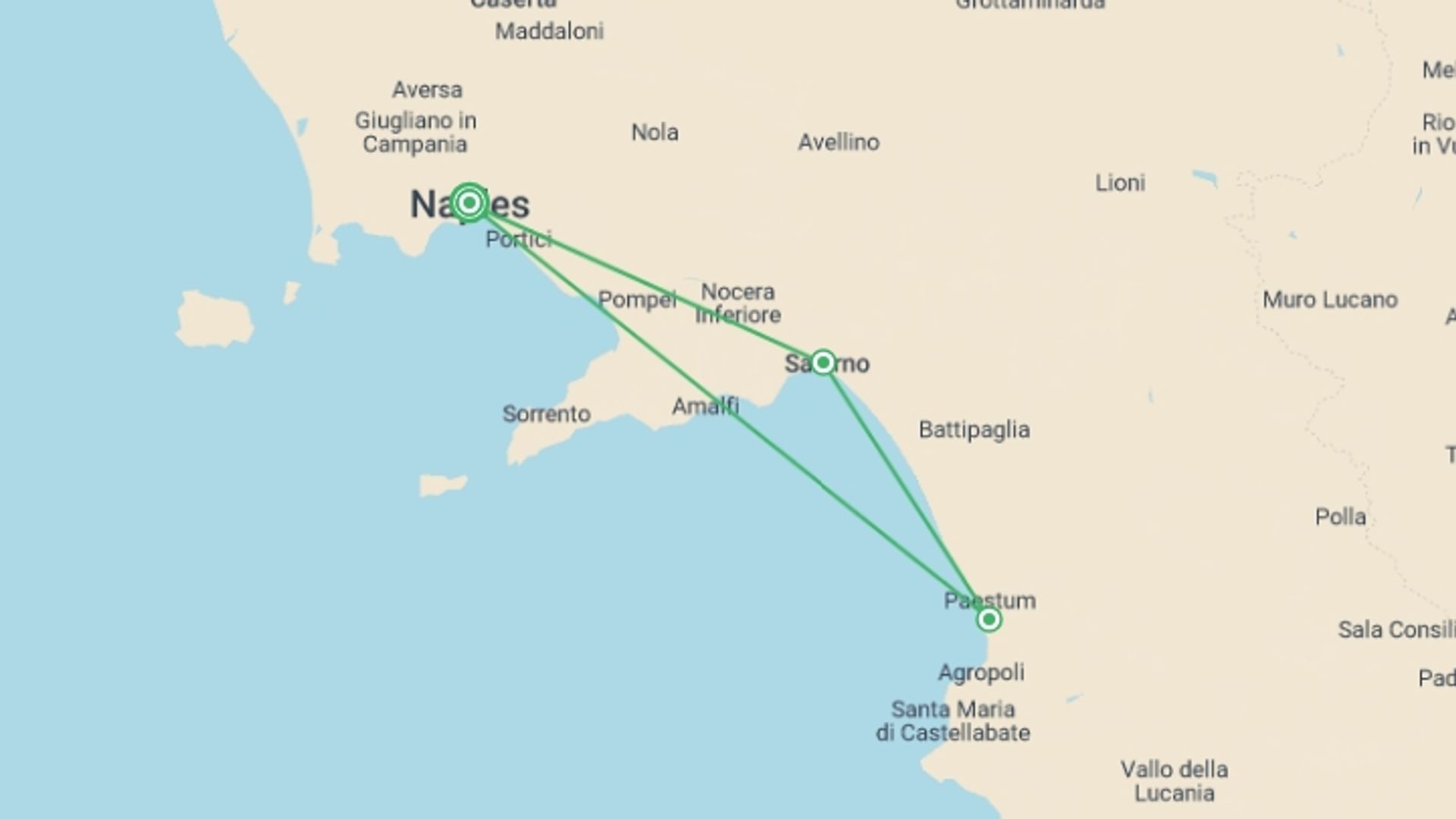 A map showing the tour itinerary for the trip: Mini Tour of Campania - Coastal Gems, starting in Naples, Italy and ending in Naples, Italy going through 3 other destinations.