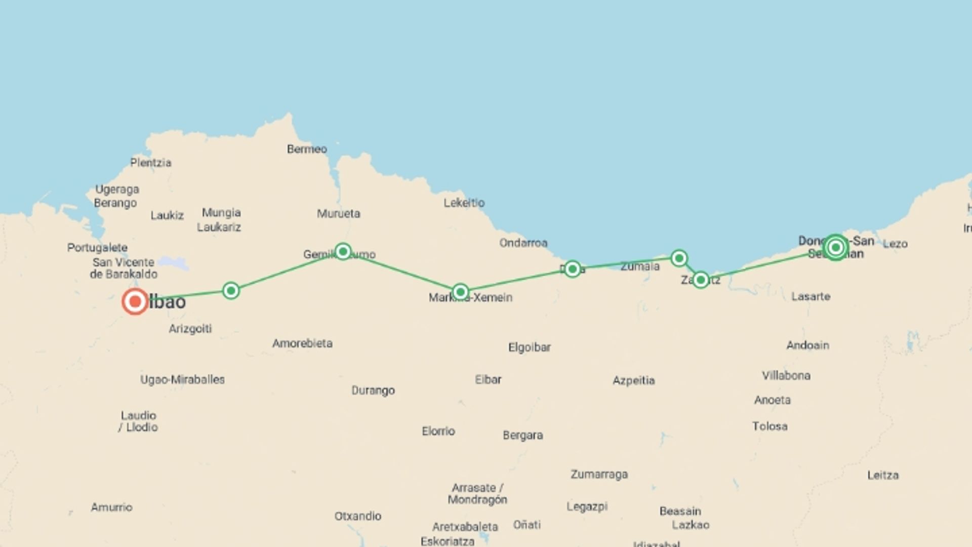 A map showing the tour itinerary for the trip: Camino Norte - San Sebastian to Bilbao, starting in San Sebastian, Spain and ending in Bilbao, Spain going through 6 other destinations.
