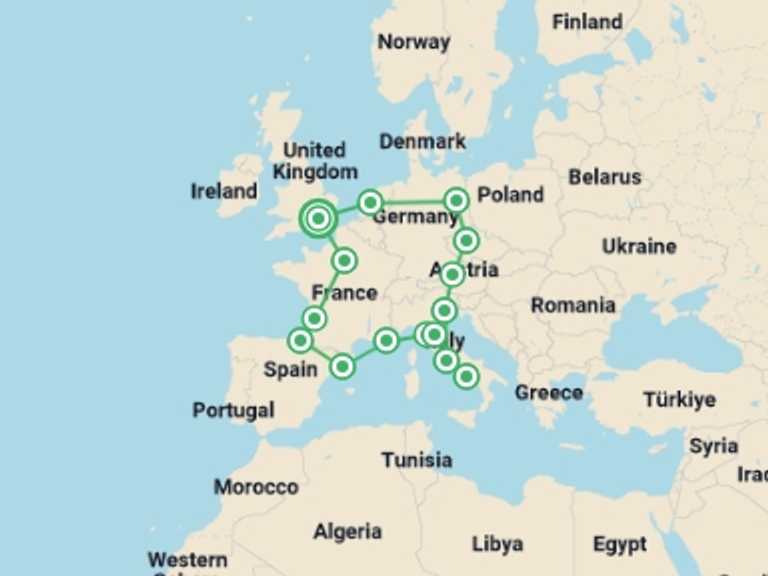 Map of Europe Cultural, religious and historic sites Tour with 15 destination visits for the trip: European Quest