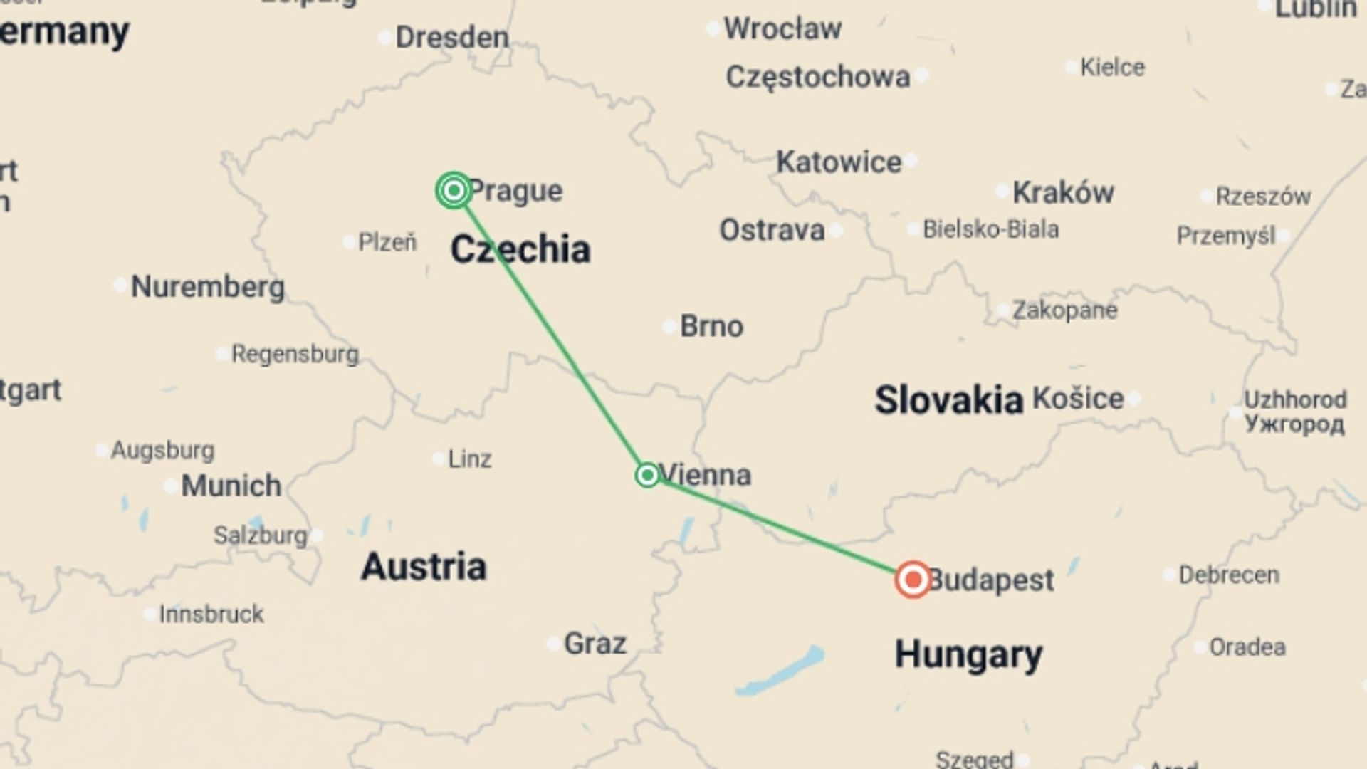 A map showing the tour itinerary for the trip: Prague, Vienna and Budapest, starting in Prague, Czech Republic and ending in Budapest, Hungary going through 3 other destinations.