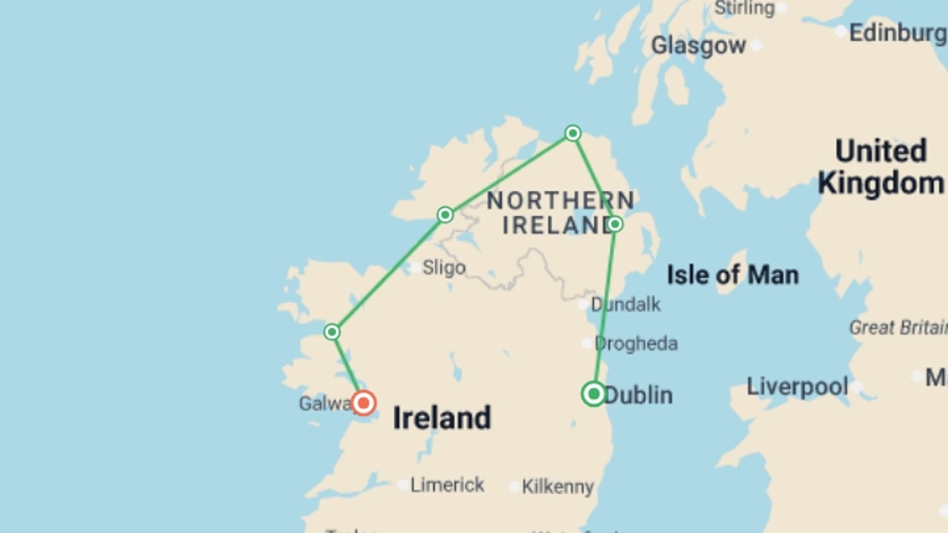 A map showing the tour itinerary for the trip: Dublin to Northern Ireland & Galway - 5 days, starting in Dublin, Ireland and ending in Galway, Ireland going through 4 other destinations.