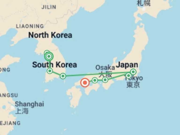 Map of 15-Day Osaka Tour with 8 destination visits for the trip: The Beauty of Korea and Japan with Fuji