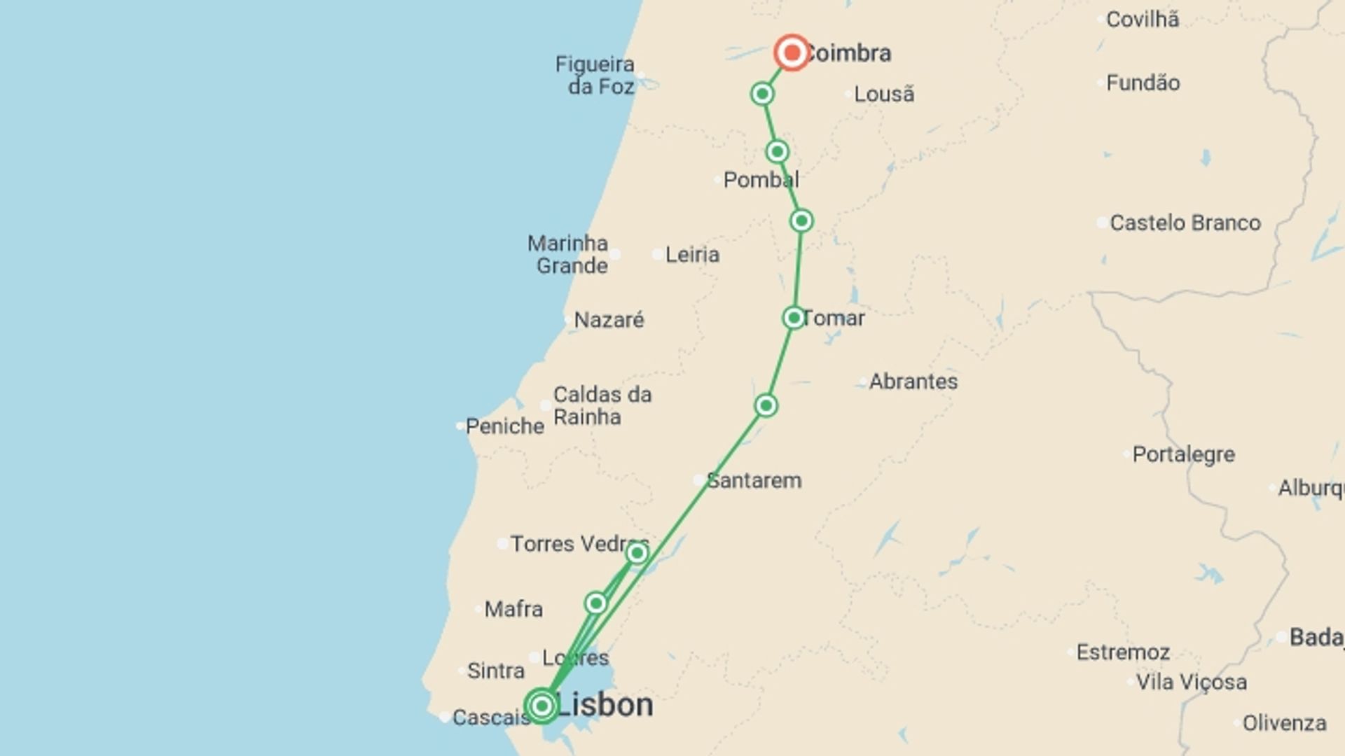 A map showing the tour itinerary for the trip: Portuguese Camino - Lisbon to Coimbra, starting in Lisbon, Portugal and ending in Coimbra, Portugal going through 7 other destinations.