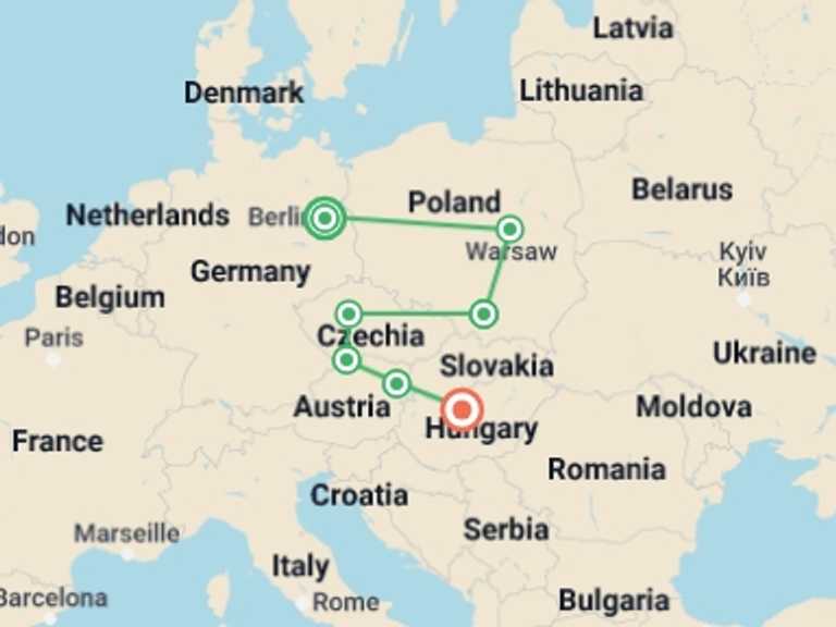 Map of Europe Tour with 7 destination visits for the trip: The Best of Eastern Europe