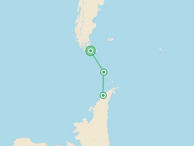 Map of South America Tour with 3 destination visits for the trip: Antarctic Circle - M/V Ushuaia