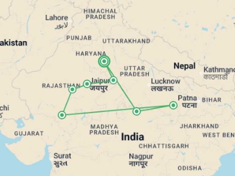 Map itinerary of India Tour in August 2026 with 7 destination visits for the trip: Fascinating India