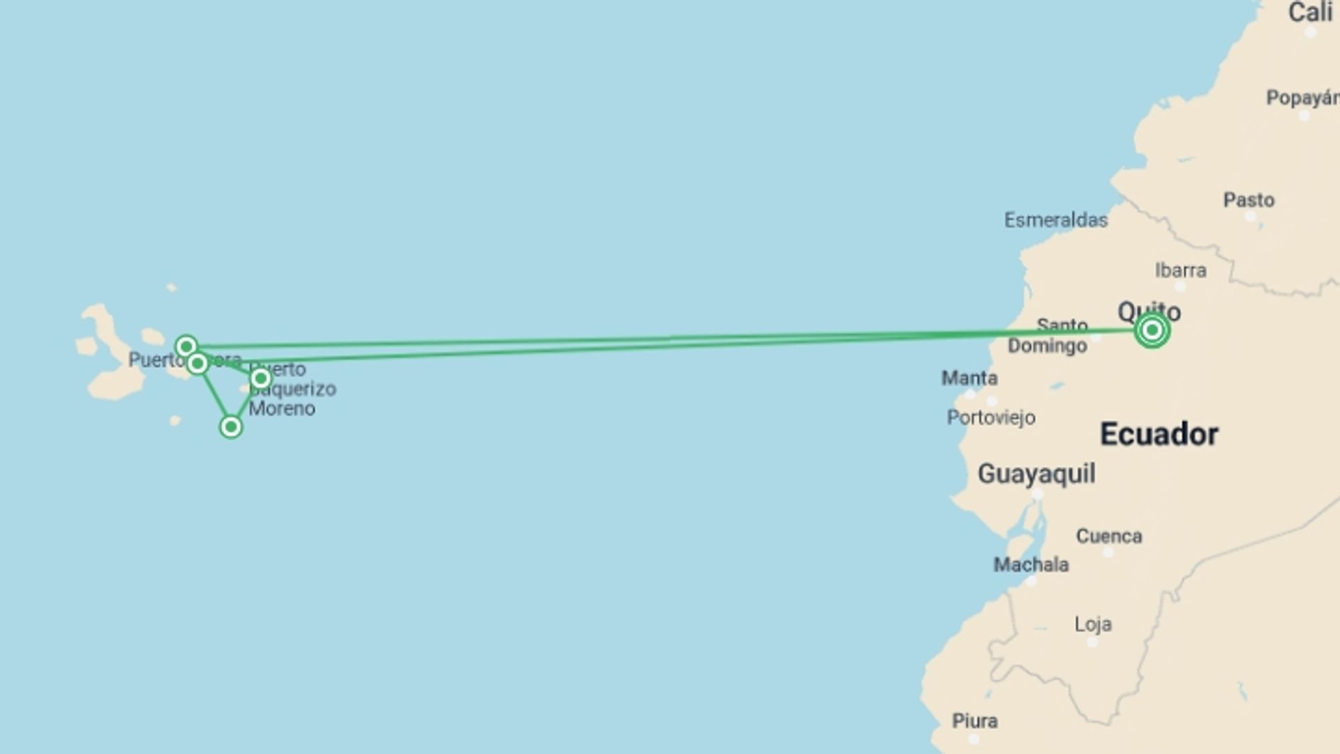 A map showing the tour itinerary for the trip: Galápagos — South & East Islands aboard the Yolita, starting in Quito, Ecuador and ending in Quito, Ecuador going through 4 other destinations.