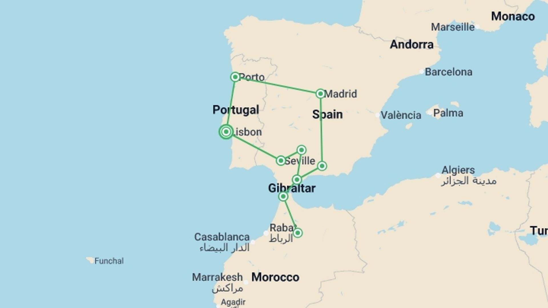 A map showing the tour itinerary for the trip: Lisbon to Morocco, Madrid & Porto - 13 days, starting in Lisbon, Portugal and ending in Lisbon, Portugal going through 8 other destinations.