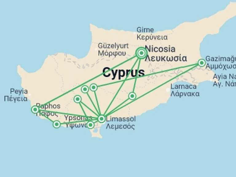 Map itinerary of Cyprus Tour in September 2025 with 3 destination visits for the trip: Leda Tour