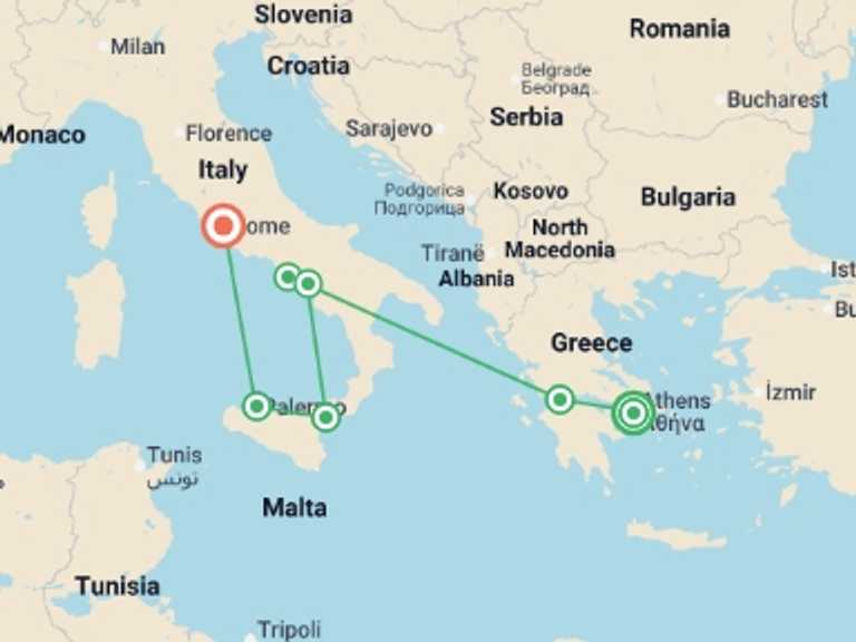Map itinerary of Europe Tour in Winter with 7 destination visits for the trip: Mediterranean Odyssey Greece to Italy Venture - 13 days