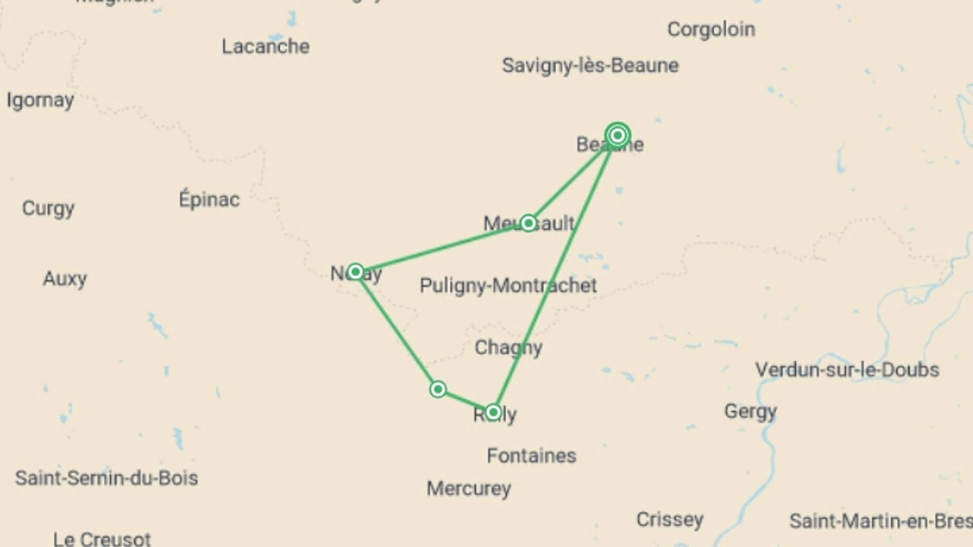 A map showing the tour itinerary for the trip: Burgundy Vineyard Trails, starting in Beaune, France and ending in Beaune, France going through 4 other destinations.
