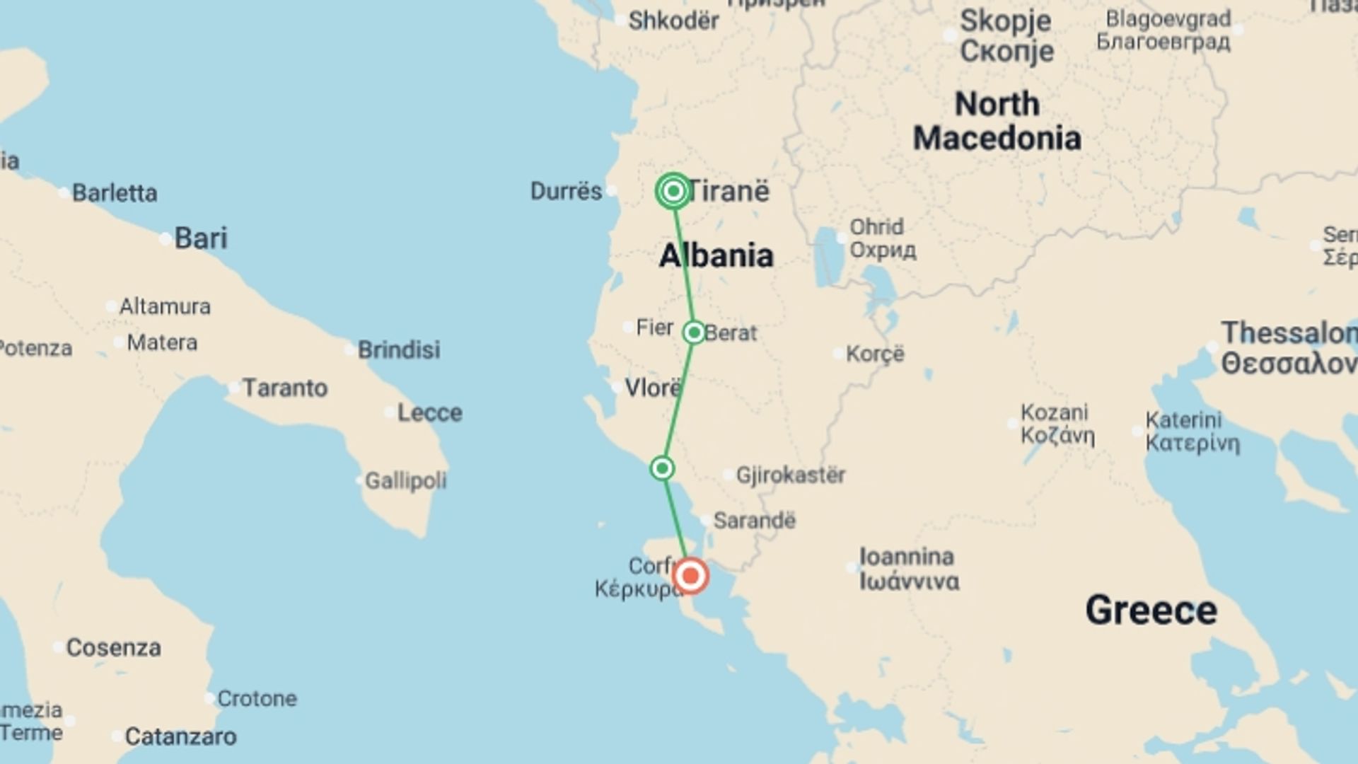 A map showing the tour itinerary for the trip: Tirana to Corfu:  Ancient Towns & the Albanian Riviera, starting in Tirana, Albania and ending in Corfu, Greece going through 2 other destinations.