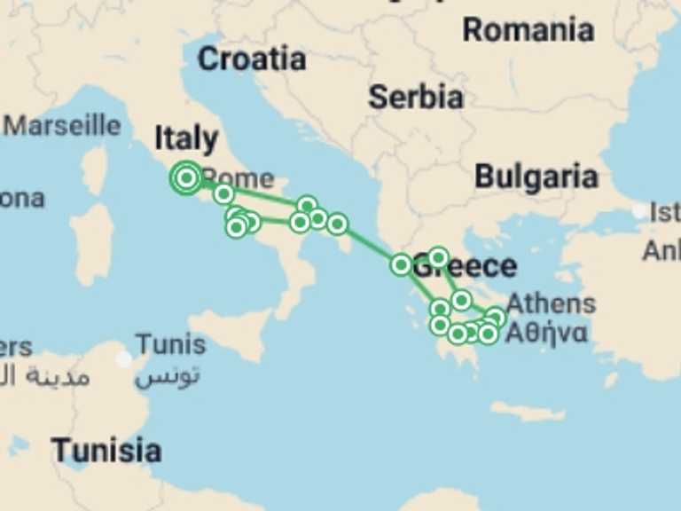 Map itinerary of Naples Tour in February 2026 with 11 destination visits for the trip: Rome, Complete Greece, Heart of Italy and Sorrento