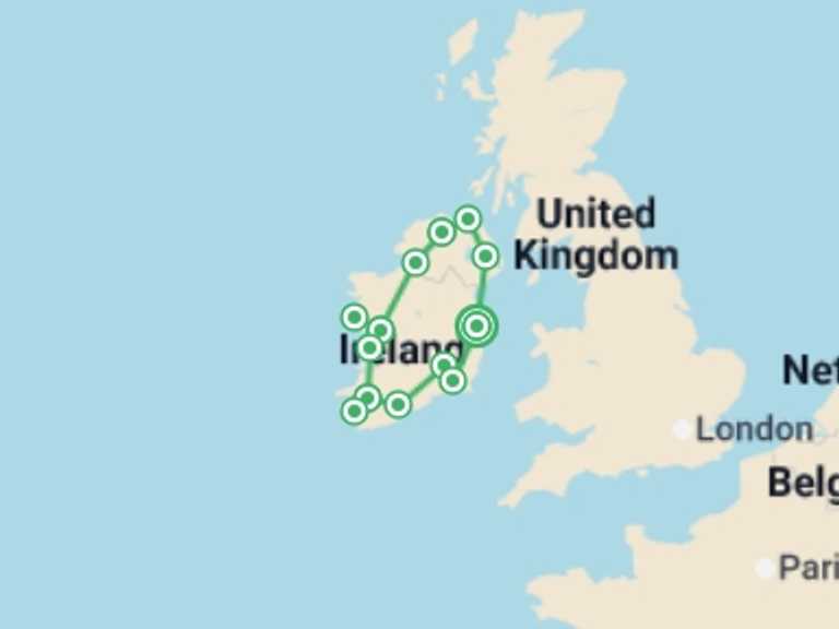 Map itinerary of Europe Tour in April 2027 with 6 destination visits for the trip: Irish Experience