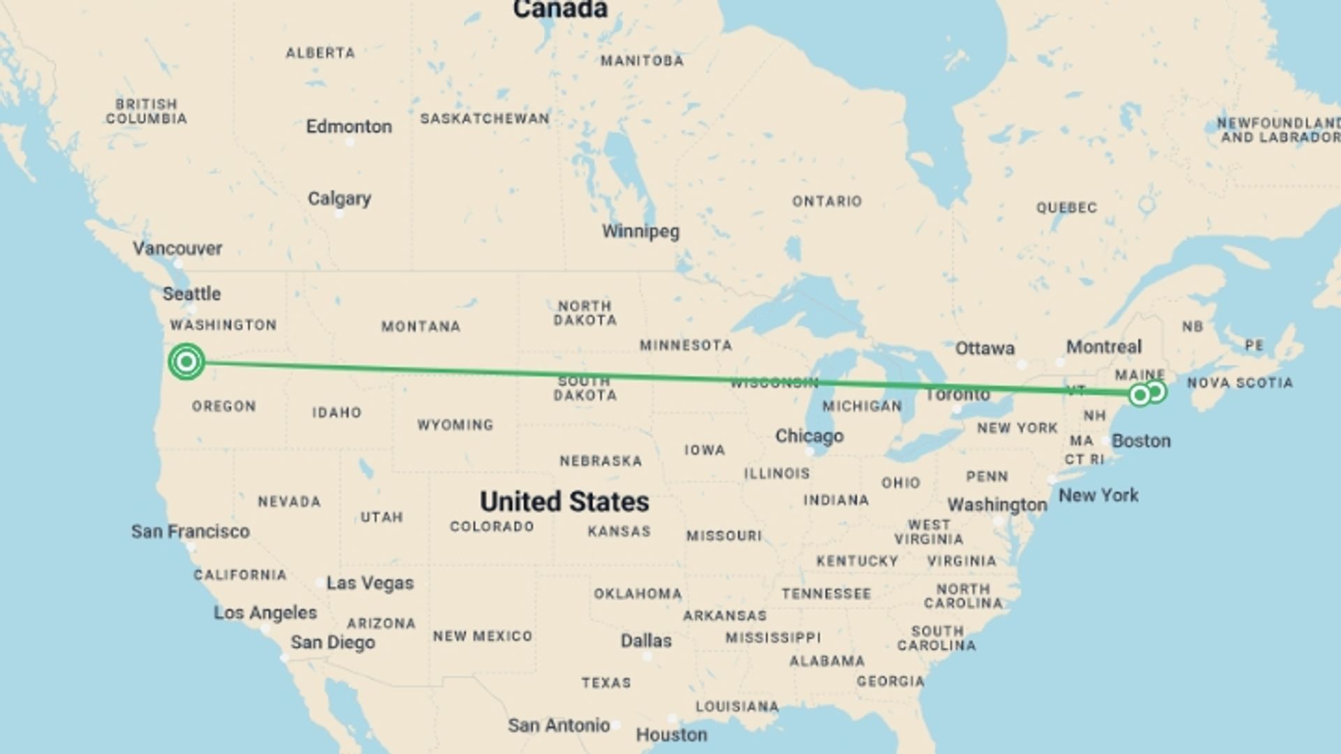 A map showing the tour itinerary for the trip: Cycling Maine's Coast & National Park, starting in Portland, OR, USA and ending in Portland, OR, USA going through 2 other destinations.