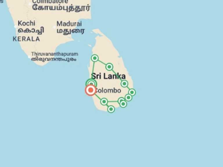 Map of South Asia Tour with 9 destination visits for the trip: Sri Lanka Safari