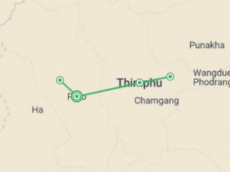 Map itinerary of Bhutan Tour in April 2026 with 3 destination visits for the trip: Bhutan Express (4 star) - 4 days