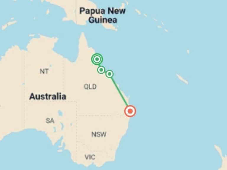 Map of Oceania Snorkeling Tour with 4 destination visits for the trip: Tropical Queensland: Cairns to Gold Coast