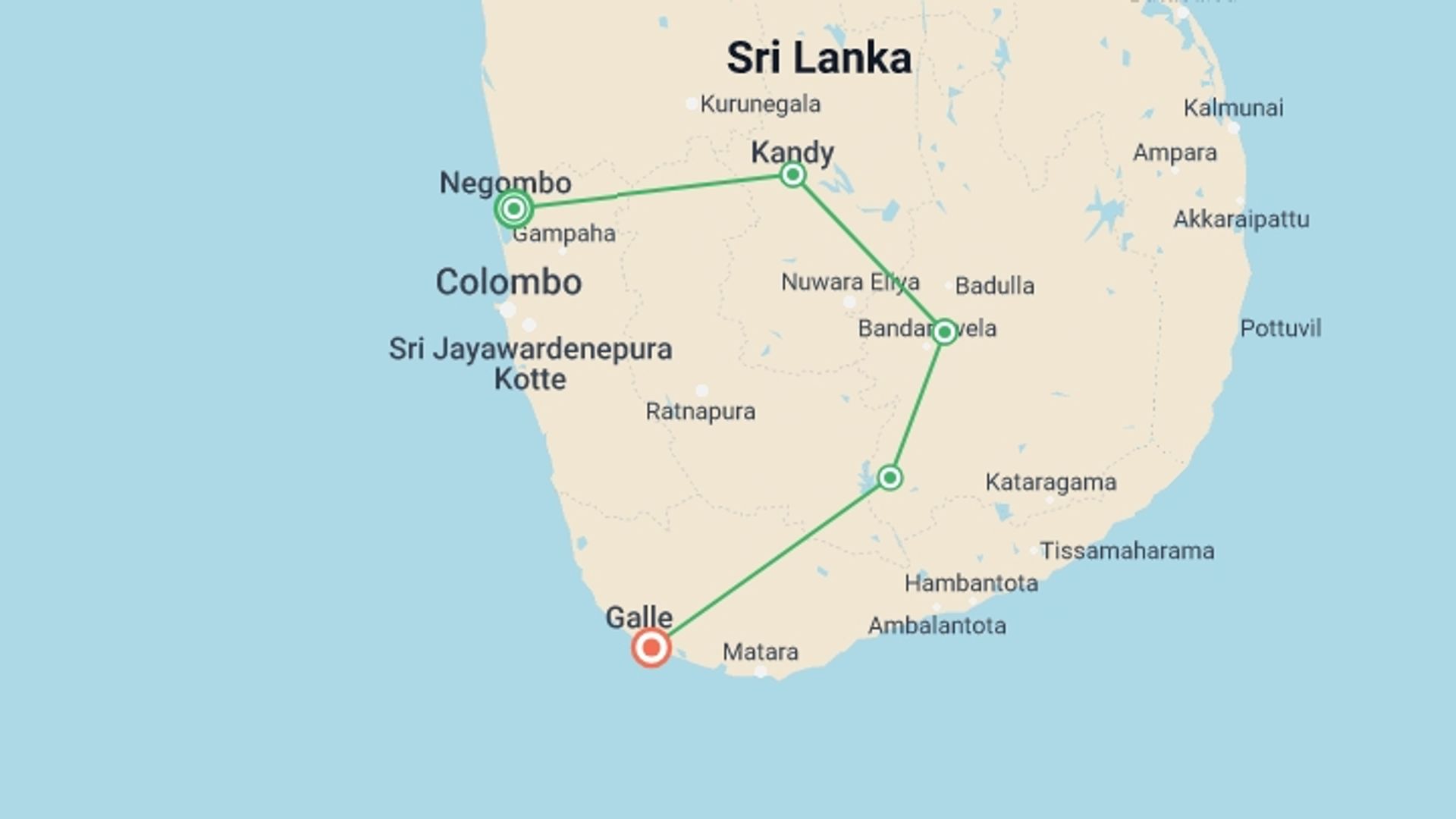 A map showing the tour itinerary for the trip: Sri Lanka Express, starting in Negombo, Sri Lanka and ending in Unawatuna, Sri Lanka going through 3 other destinations.