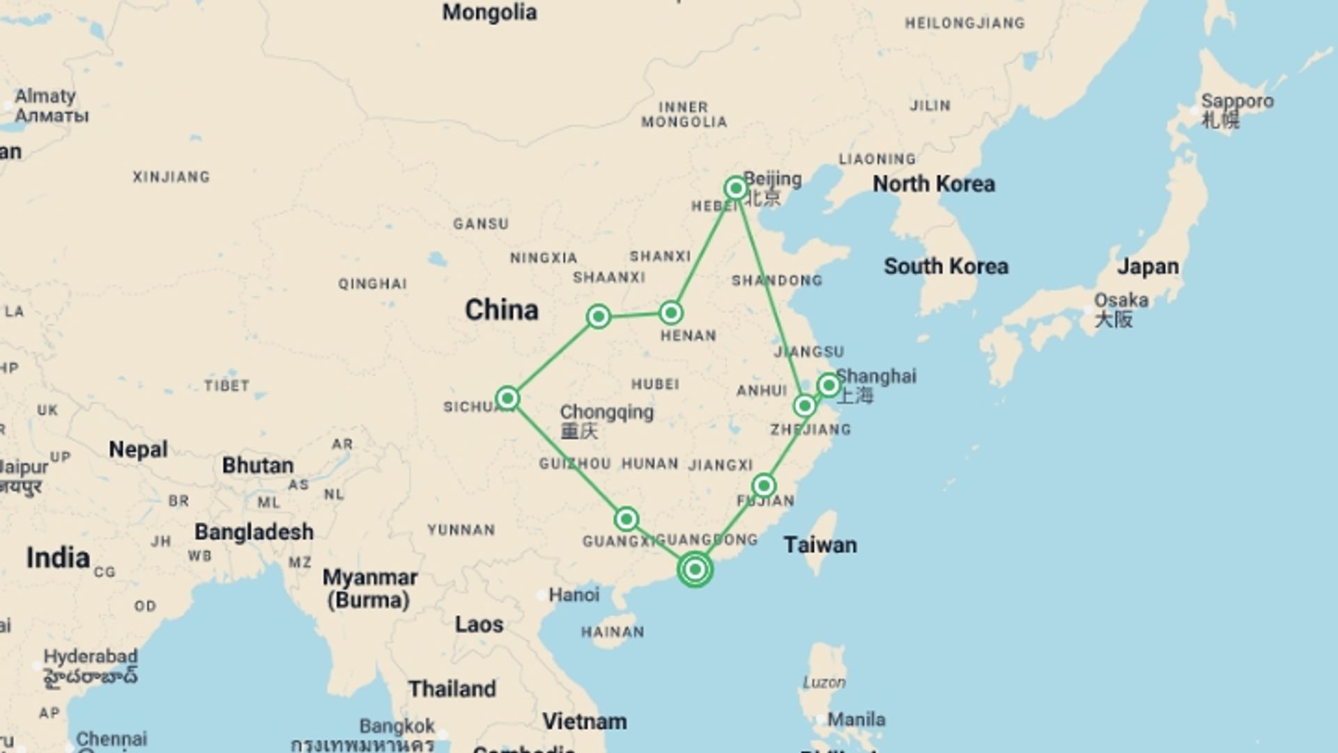 A map showing the tour itinerary for the trip: China Group Exploration 28D/27N, starting in Hong Kong, Hong Kong and ending in Hong Kong, Hong Kong going through 8 other destinations.