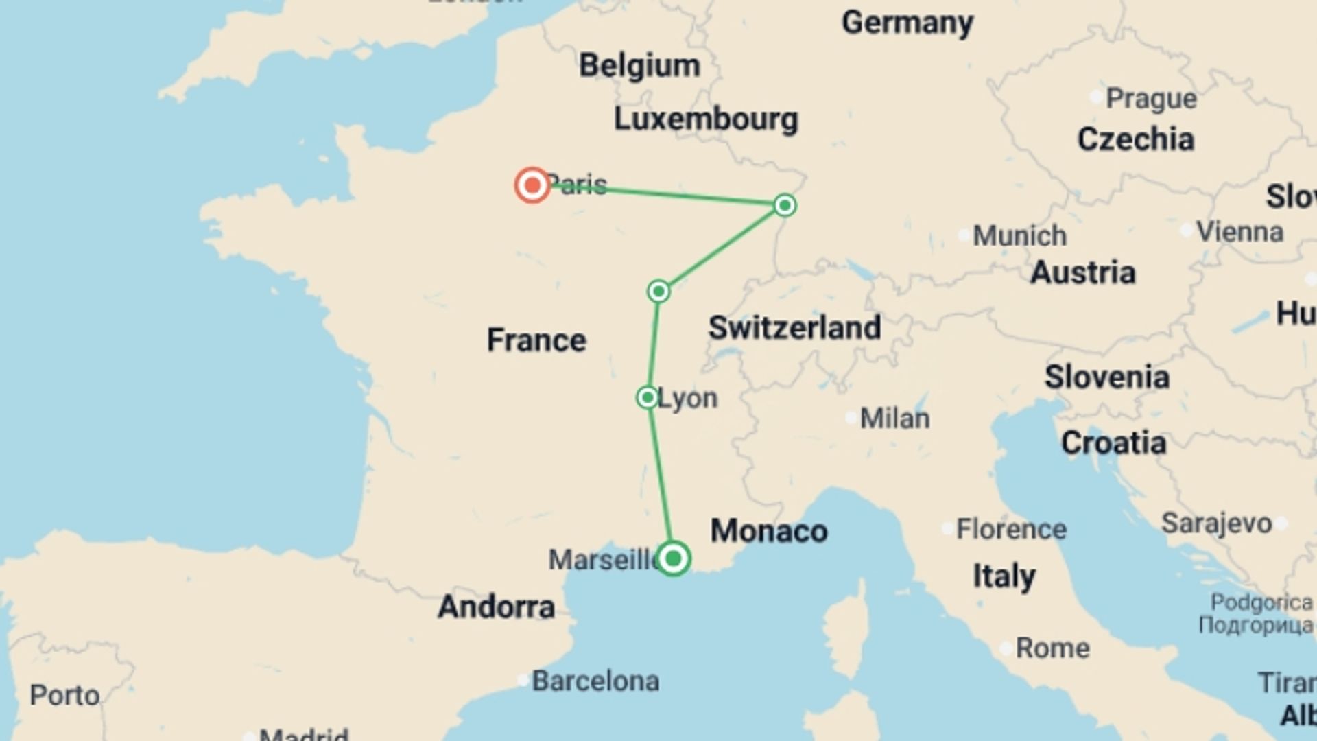 A map showing the tour itinerary for the trip: Cote d Azur, Burgundy and Alsace, starting in Marseille, France and ending in Paris, France going through 3 other destinations.