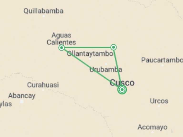Map of a Train Tour with 6 destination visits for the trip: Lares Trek and Machu Picchu Tour