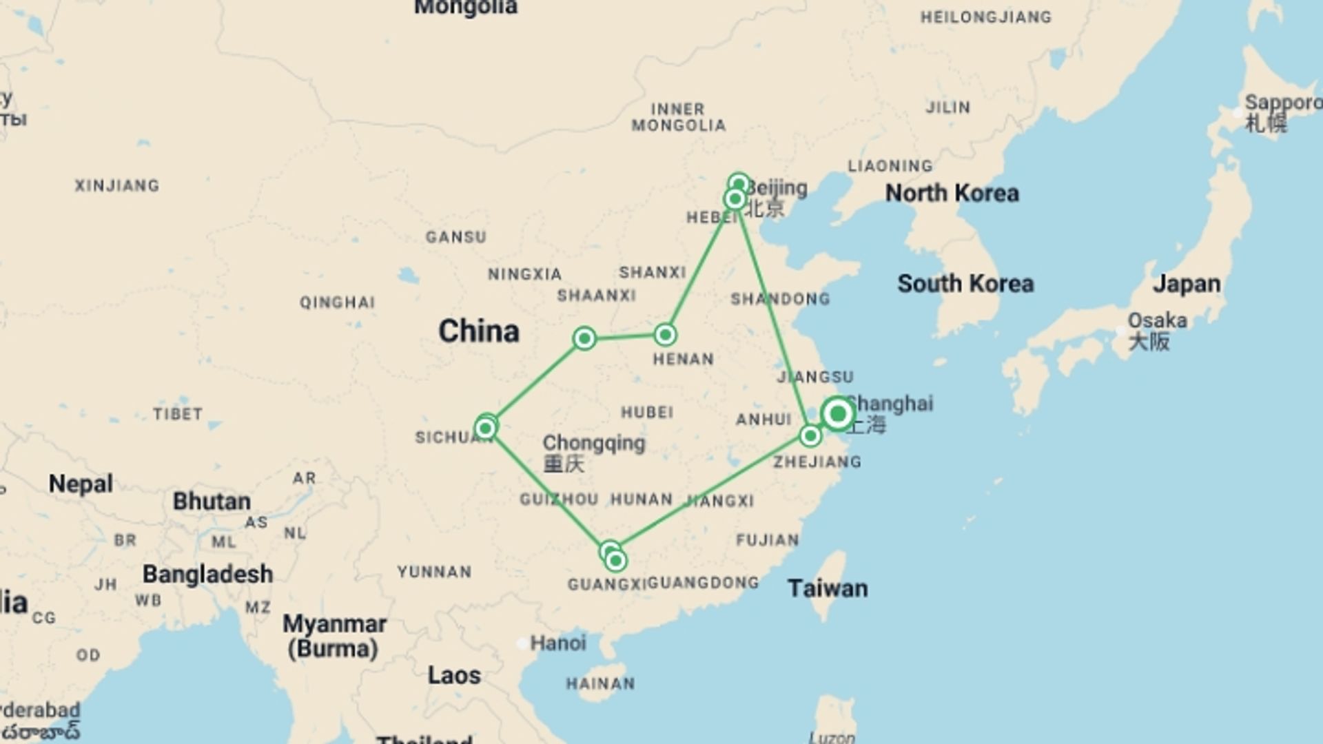 A map showing the tour itinerary for the trip: Essential China Adventure - 22 Days, starting in Shanghai, China and ending in Shanghai, China going through 9 other destinations.