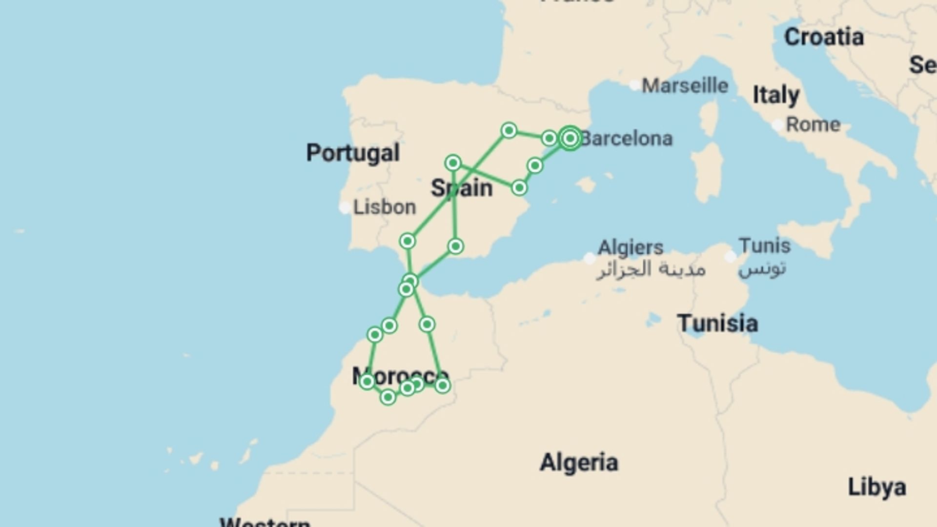 A map showing the tour itinerary for the trip: Pearls of Spain and Mysterious Morocco, starting in Barcelona, Spain and ending in Barcelona, Spain going through 10 other destinations.
