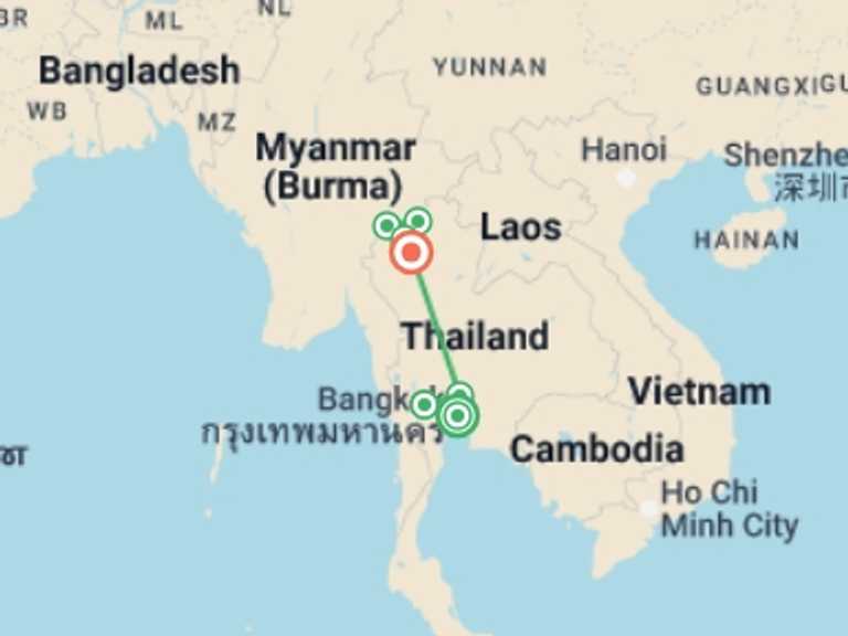 Map itinerary of Thailand Tour in March 2027 with 7 destination visits for the trip: Northern Thailand Adventure