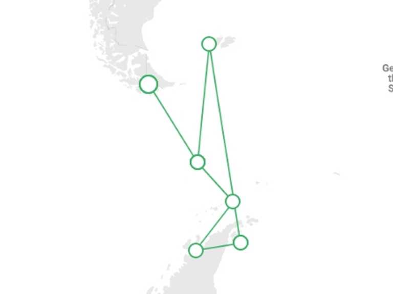 Map itinerary of South America Tour in January 2027 with 6 destination visits for the trip: The Antarctic Peninsula and Weddell Sea - M/V Ushuaia