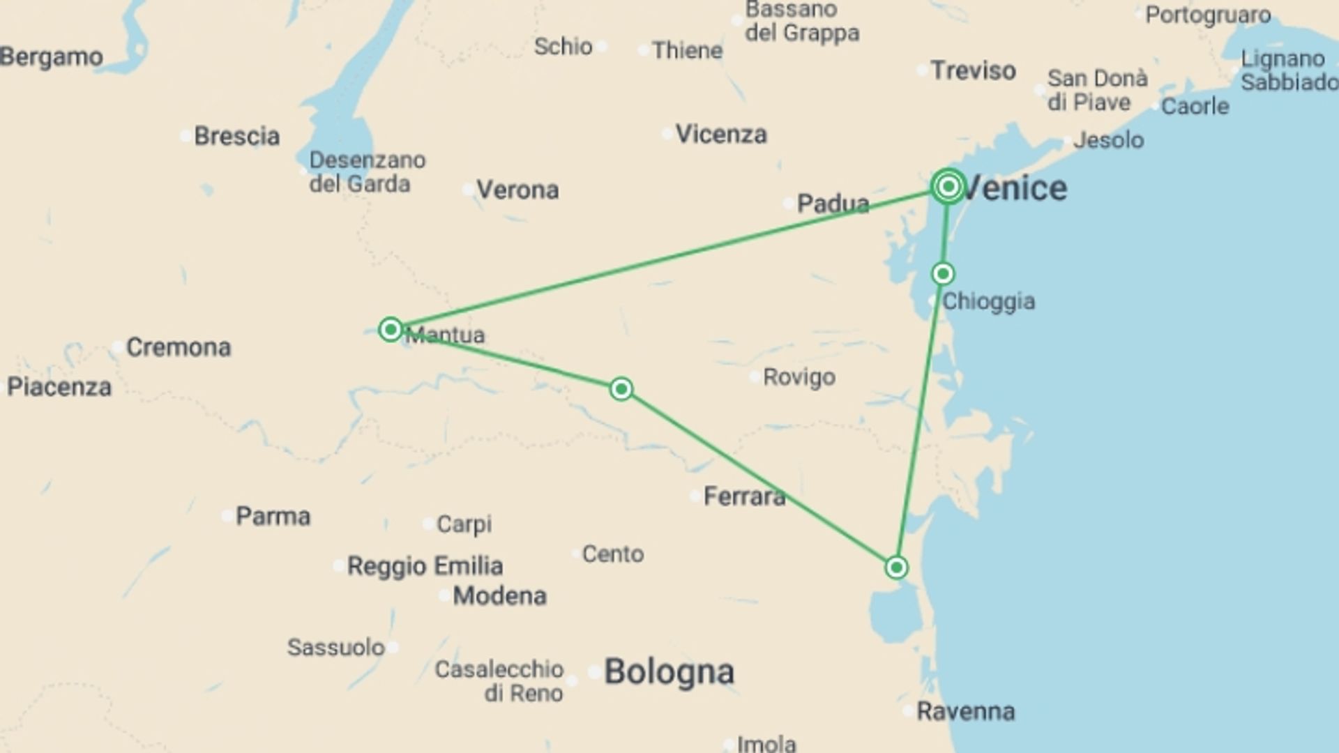 A map showing the tour itinerary for the trip: Veneto Bike & Boat, starting in Venice, Italy and ending in Venice, Italy going through 4 other destinations.