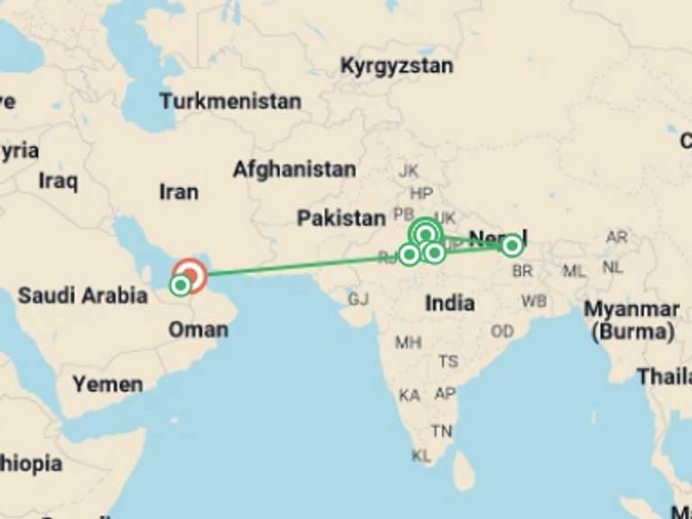 Map of a Adventure Tour with 6 destination visits for the trip: Wonders of India Nepal and UAE