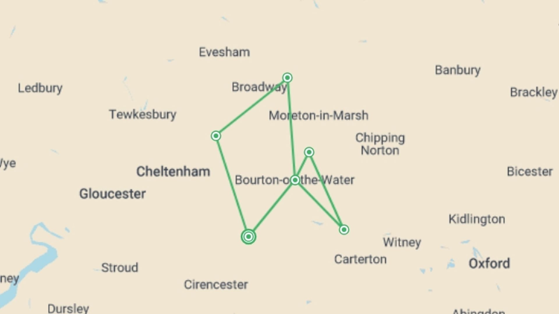 A map showing the tour itinerary for the trip: Best of the Cotswolds Cycling, starting in Cotswolds, England and ending in Bourton-on-the-Water, Bourton-on-the-Water going through 4 other destinations.