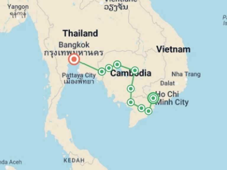 Map of 14-Day Ho Chi Minh City Tour with 10 destination visits for the trip: Saigon to Bangkok by Bicycle