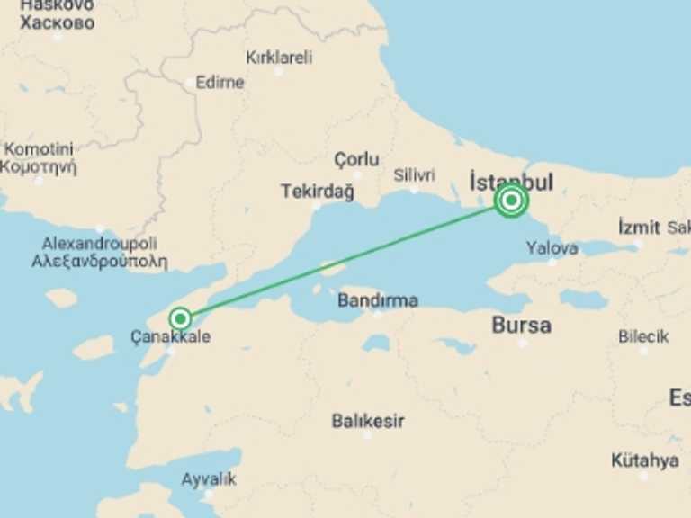 Map itinerary of Turkey Tour in September 2025 with 1 destination visits for the trip: Gallipoli and Troy Private Tour