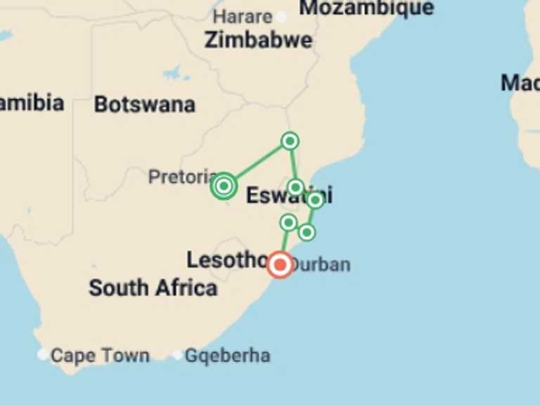 Map itinerary of Africa Tour in April 2027 with 7 destination visits for the trip: Kruger & Coast