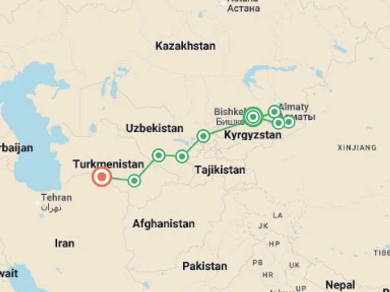 Map of Bishkek Explorer Tour with 9 destination visits for the trip: Highlights of Central Asia