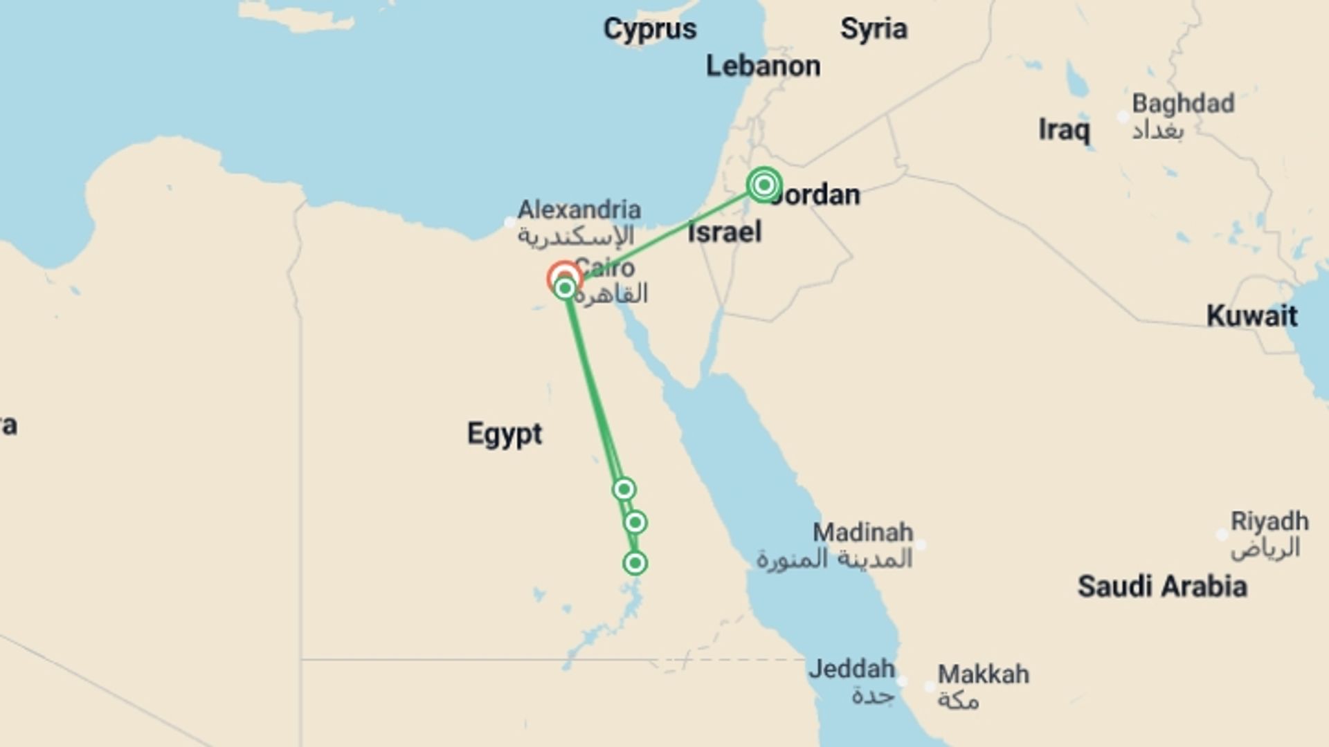 A map showing the tour itinerary for the trip: Petra and the Nile, starting in Amman, Jordan and ending in Cairo, Egypt going through 4 other destinations.